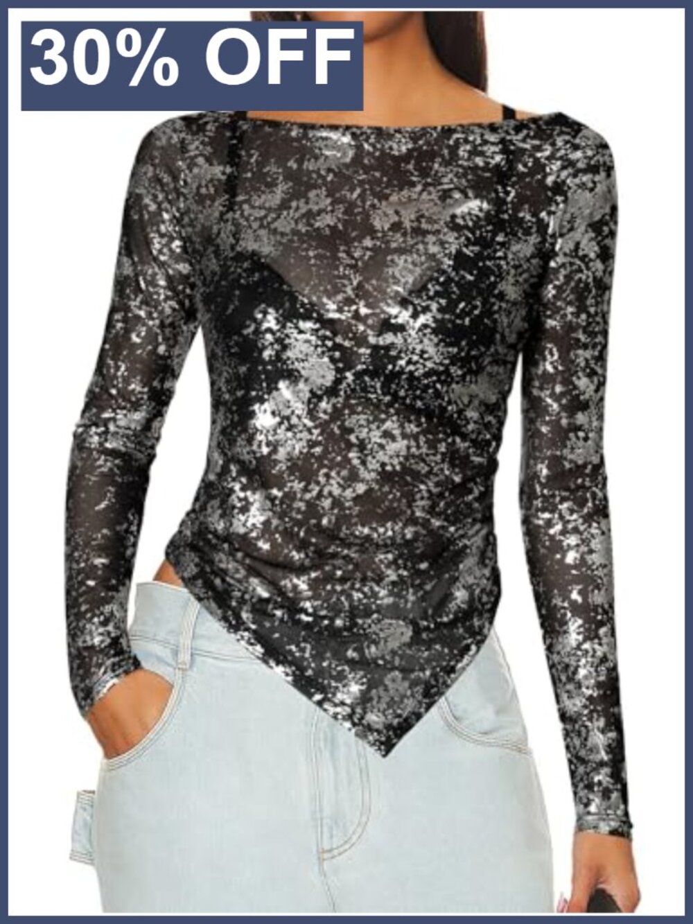 Women's Long Sleeve See Through Glitter Sparkly Top Boat Neck Slim Fit